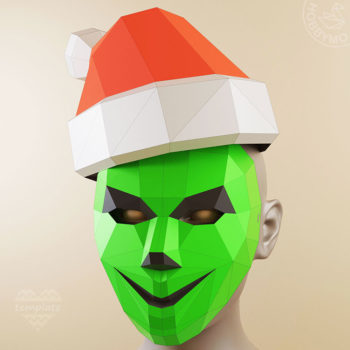 Low Poly Green Mask with Grin, 3D papercraft template - HOBBYMO